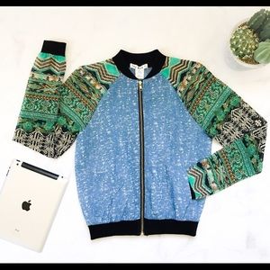 Printed chambray bomber jacket
